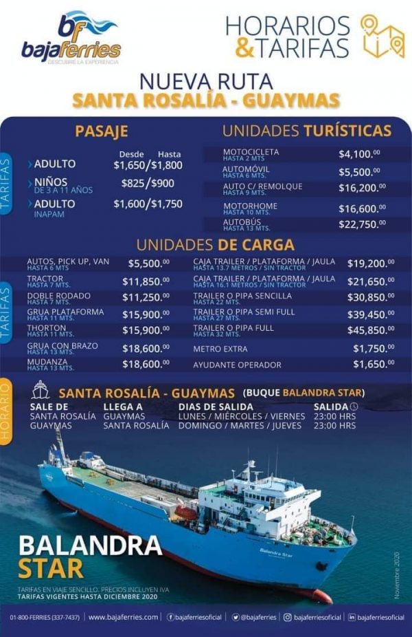 Ferry Guaymas Santa Rosalia schedule Baja Ferries horarios y tarifas