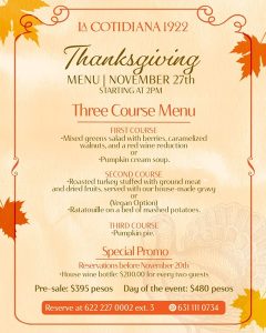El Cotidiana 1922 Restaurant Thanksgiving Menu 2025