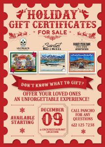 Holiday Gift Certificates at Sunset Bar & Grill, Soggy Peso and La Calaca